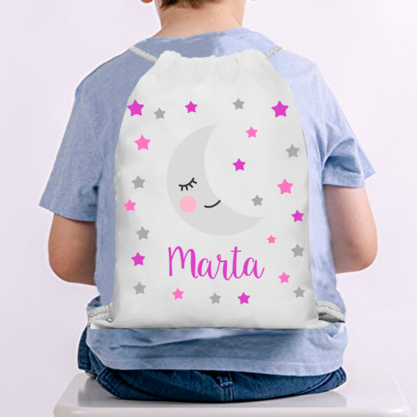mochila infantil personalizad luna y estrellas morada