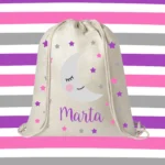 mochila infantil personalizad luna y estrellas morada