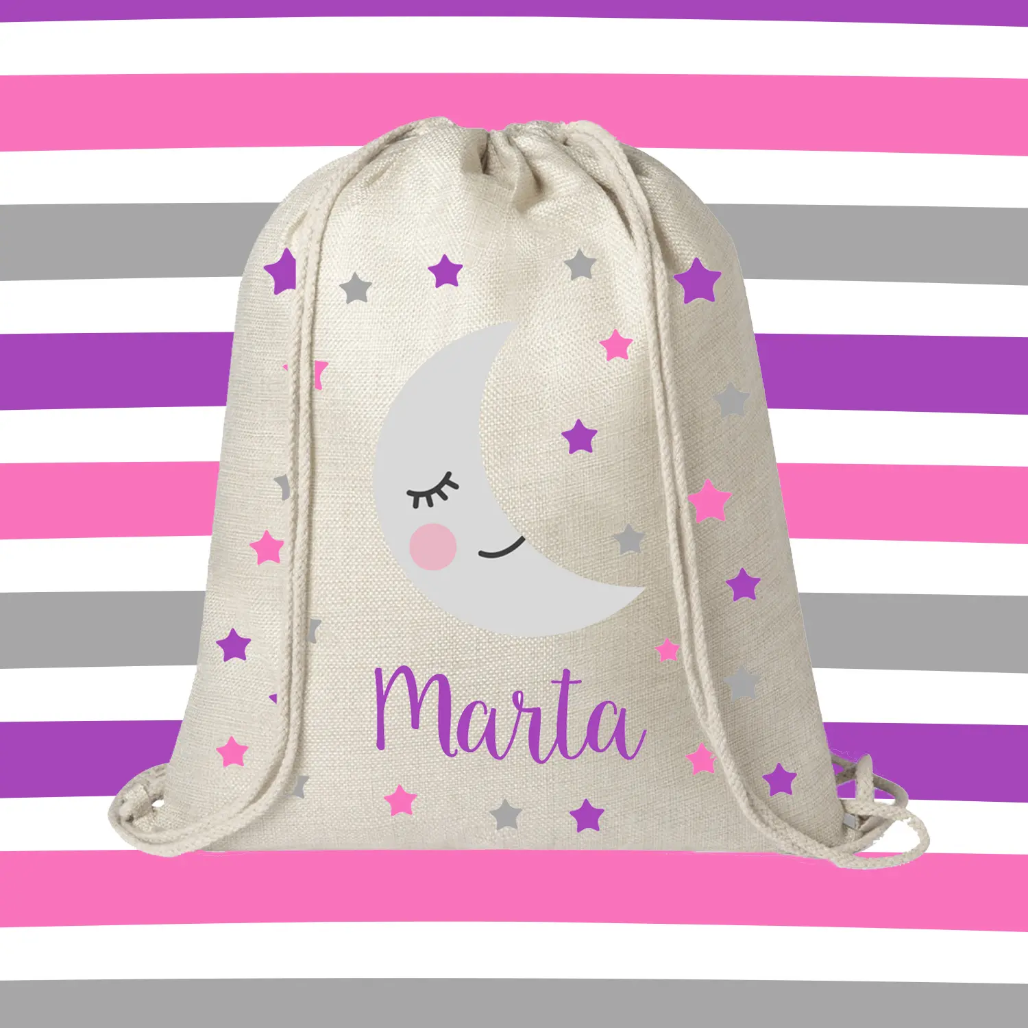 mochila infantil personalizad luna y estrellas morada