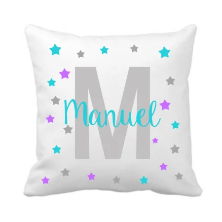 Cojín infantil personalizado "estrellas azules y moradas"