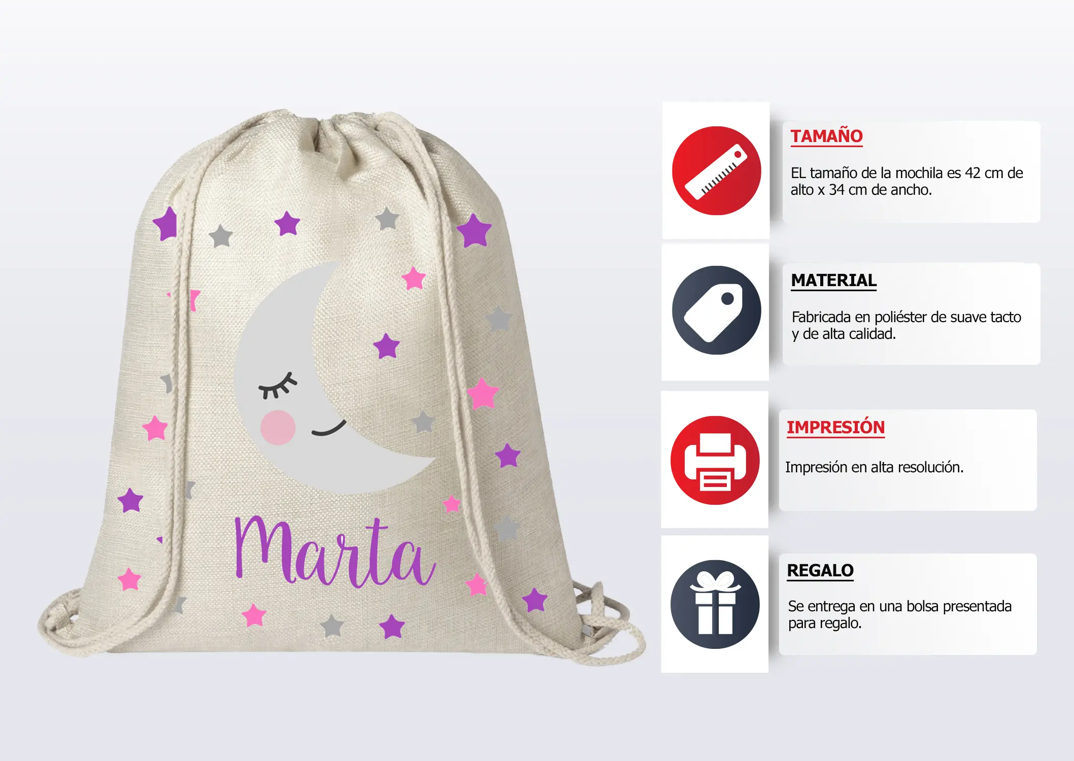 infografia-mochila infantil personalizad luna y estrellas morada