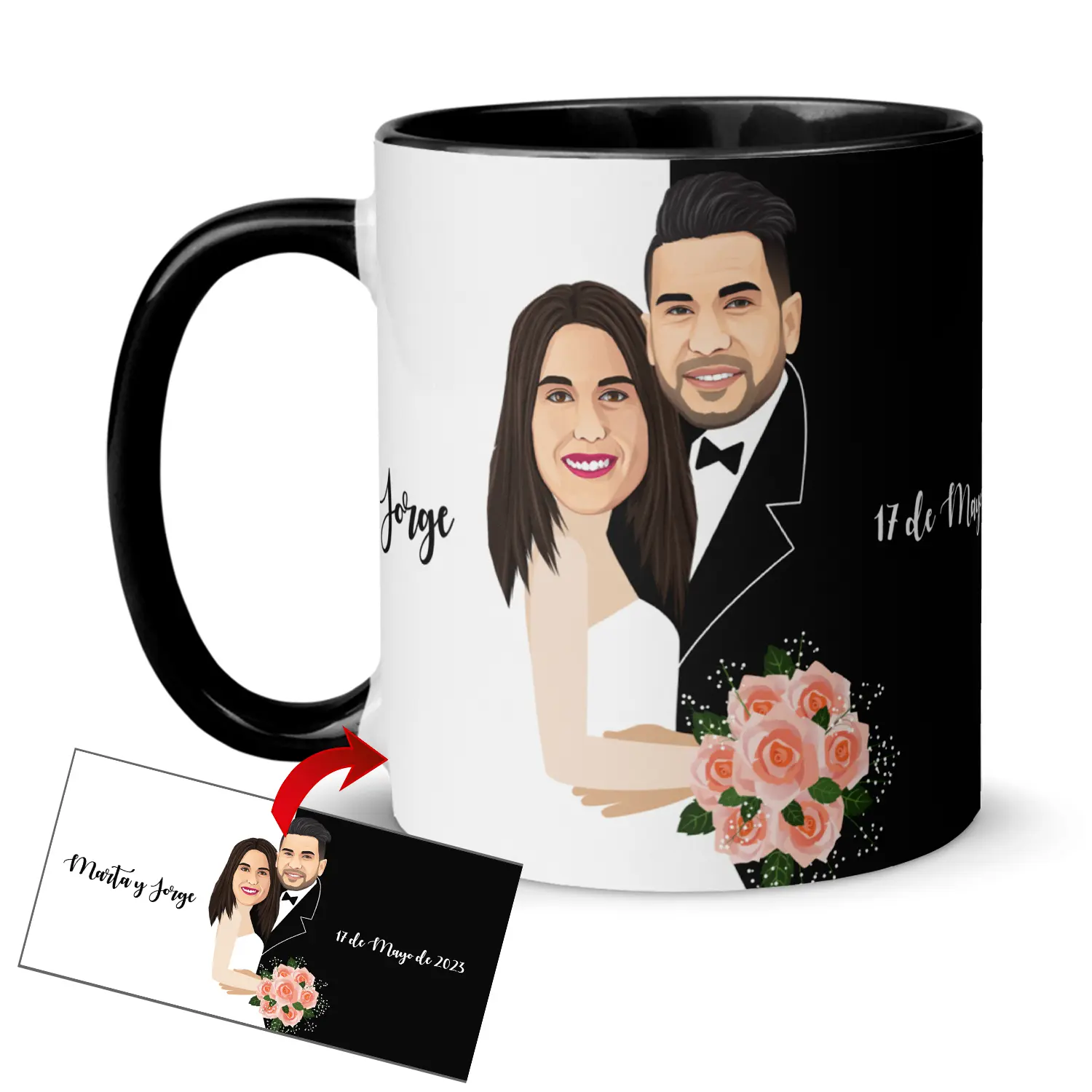 Taza-con-caricatura-desayunos-románticos-bodas-regalos-únicos-kembilove