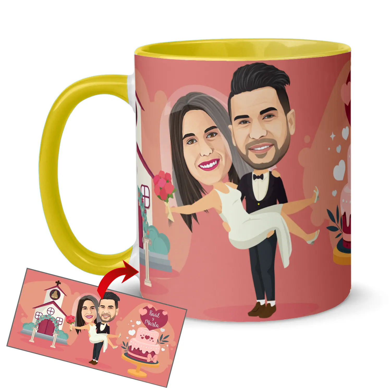 Taza-con-caricatura-celebración-de-bodas-regalos-únicos-matrimonio-kembilove