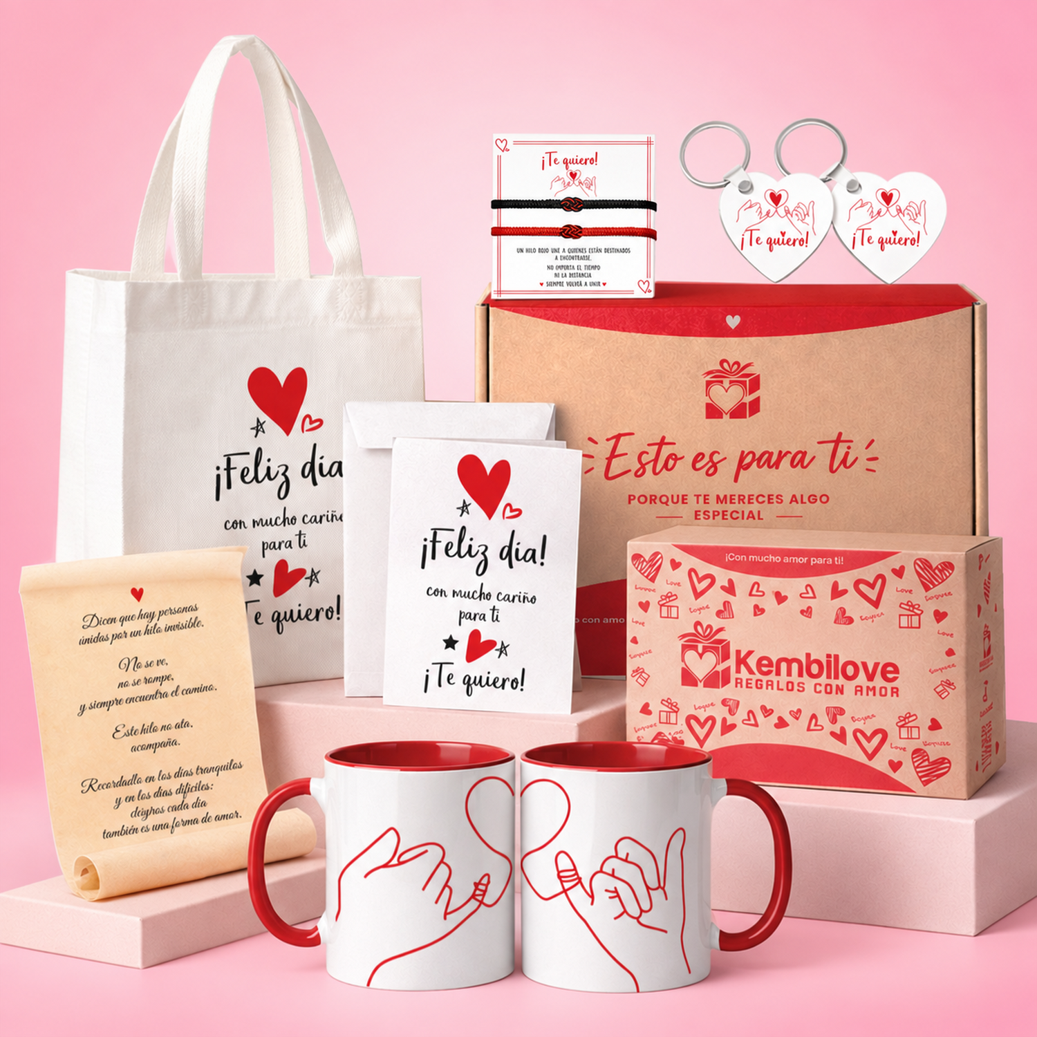 Regalo original para pareja con dos tazas, pulseras y llaveros