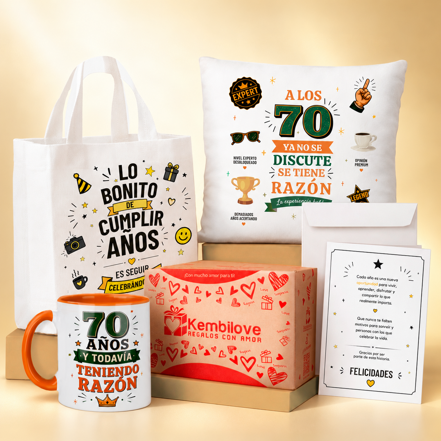Pack Regalo Cumpleaños 70 Años Original | Taza, Cojín y Bolsa – Kembilove
